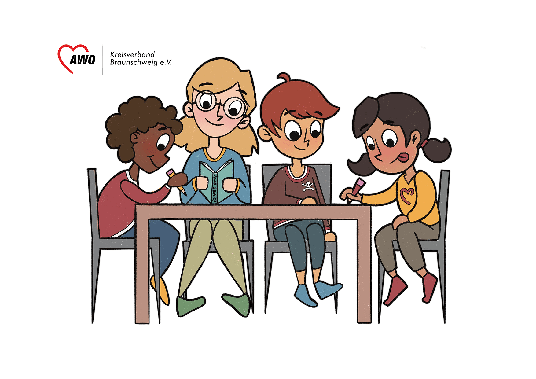 Grafik der AWO Gruppenarbeit. Illustration von vier Kids an einem Tisch.