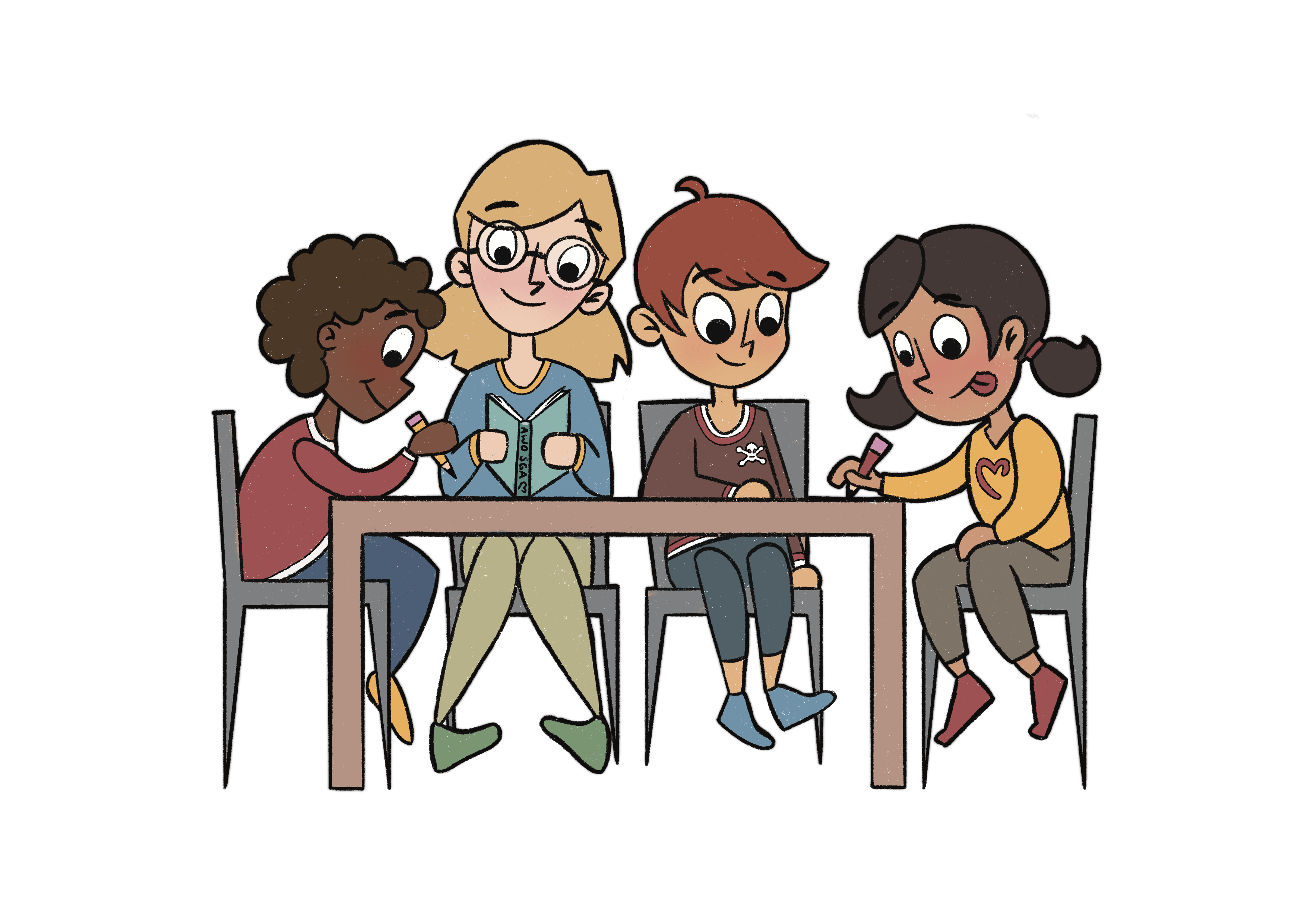 AWO_Gruppenarbeit_Grafik Grafik der AWO Gruppenarbeit. Illustration von vier Kids an einem Tisch.