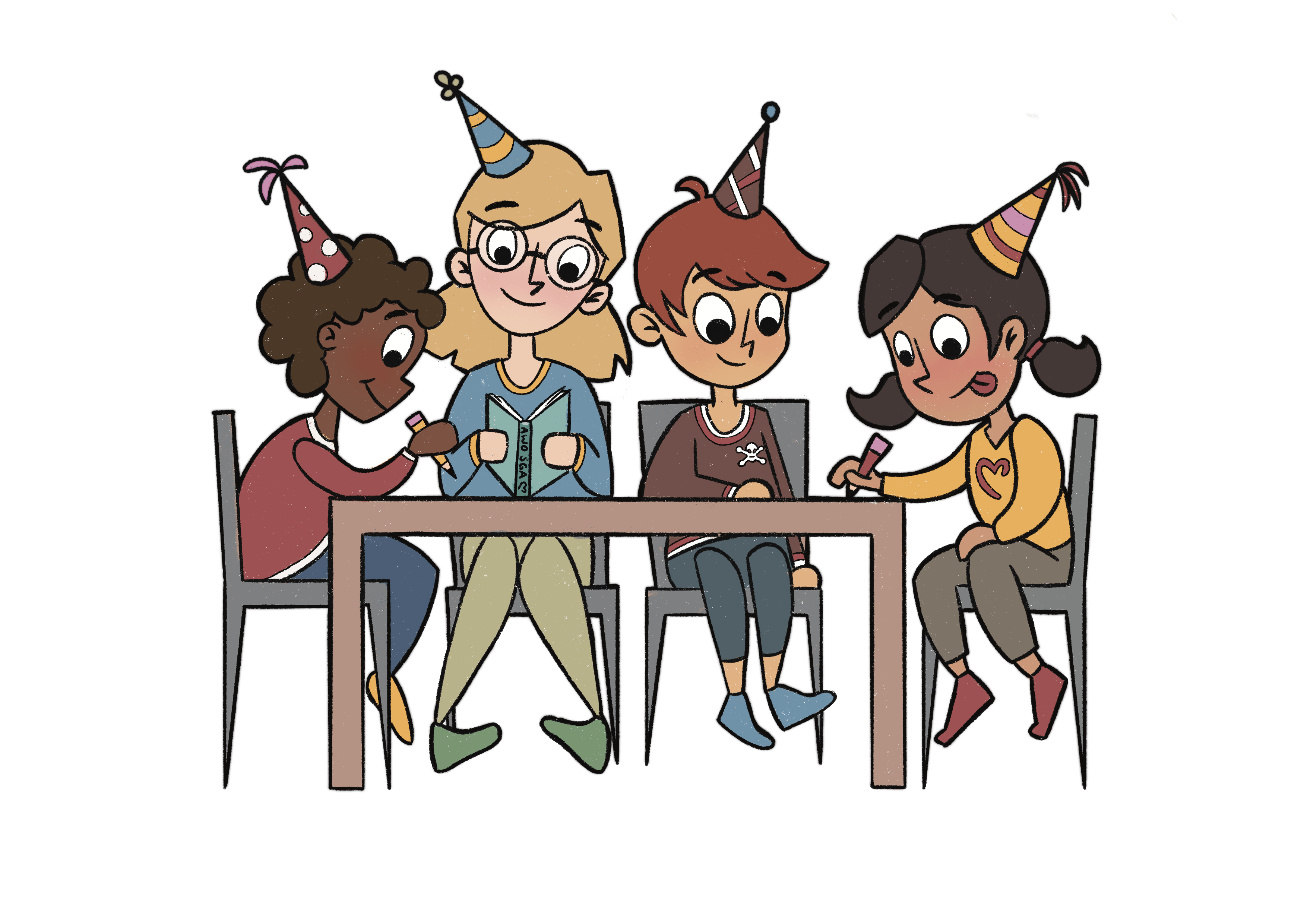 AWO_SGA_Kids_Party Logo der AWO Gruppenarbeit, die vier Kids tragen Partyhüte